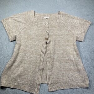 Woman Within Sweater  Plus 2X Beige Short Sleeve Marled Button Front Cardigan